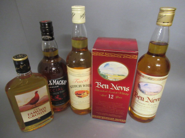 Five bottles of blended whisky comprising a boxed 12 year old Ben Nevis Image