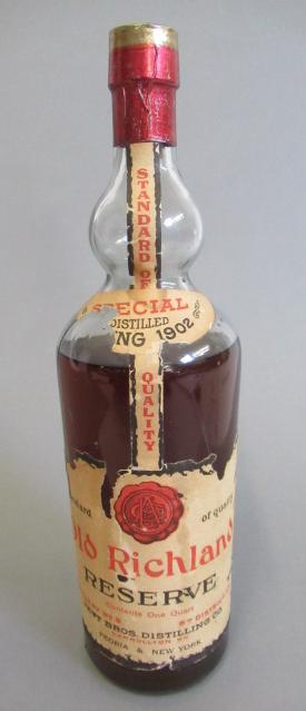 One bottle Old Richland Reserve Whiskey, "Distilled Spring(?) 1902", Jett Bros. Distillery Co. Image