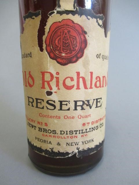 One bottle Old Richland Reserve Whiskey, "Distilled Spring(?) 1902", Jett Bros. Distillery Co. Image