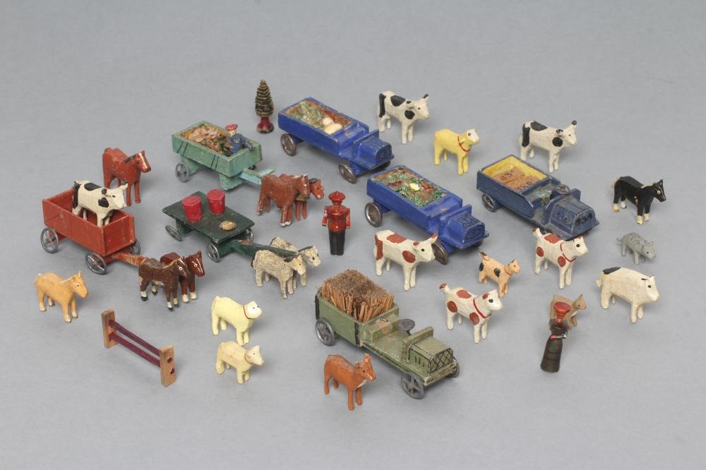 Erzgebirge wooden farm animals and wooden farm wagons and vehicles Image