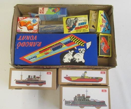 Three Joyo tinplate push-along boats and clockwork toys by various makers Image