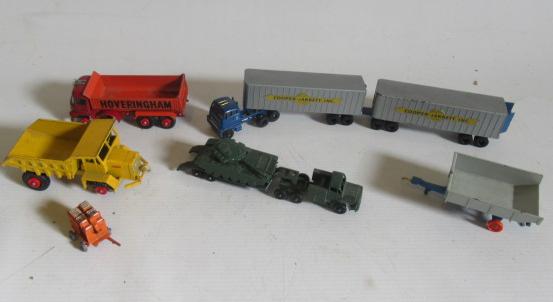 Playworn Matchbox vehicles including tank transporter and Cooper Jarrett lorry Image