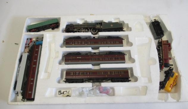 Playworn trains by Mainline Railways including Royal Scot and M.R. 0-6-0 tank Image