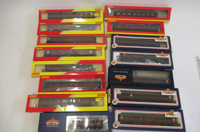 Nine Hornby B.R. red passenger coaches and six B.R Image