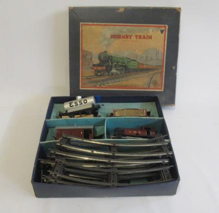 Hornby Post War clockwork train set with 101 LMS tank engine and goods wagons Image