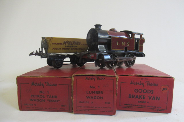 Hornby clockwork 101 L.M.S. tank locomotive and three No 1 good trucks Image