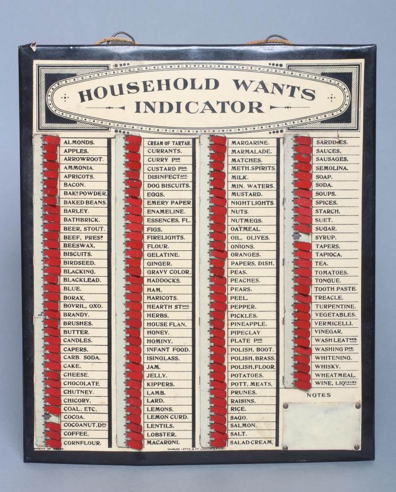 A Charles Letts & Co. Household Wants Indicator printed groceries list on wood board with tinplate Image