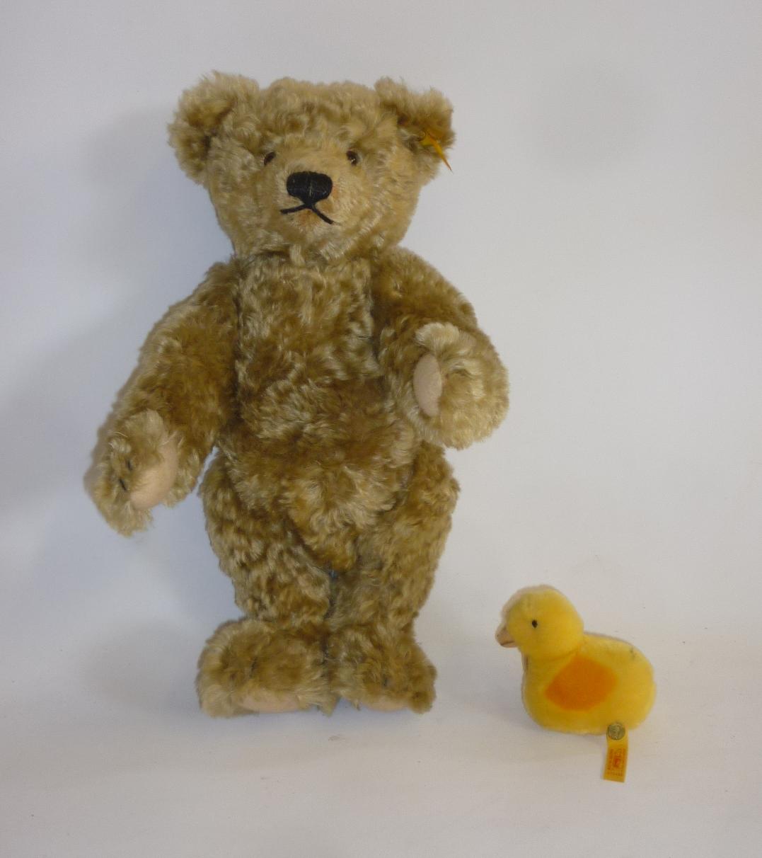 A Steiff replica teddy bear in pale gold plush with growl and button to ear Image