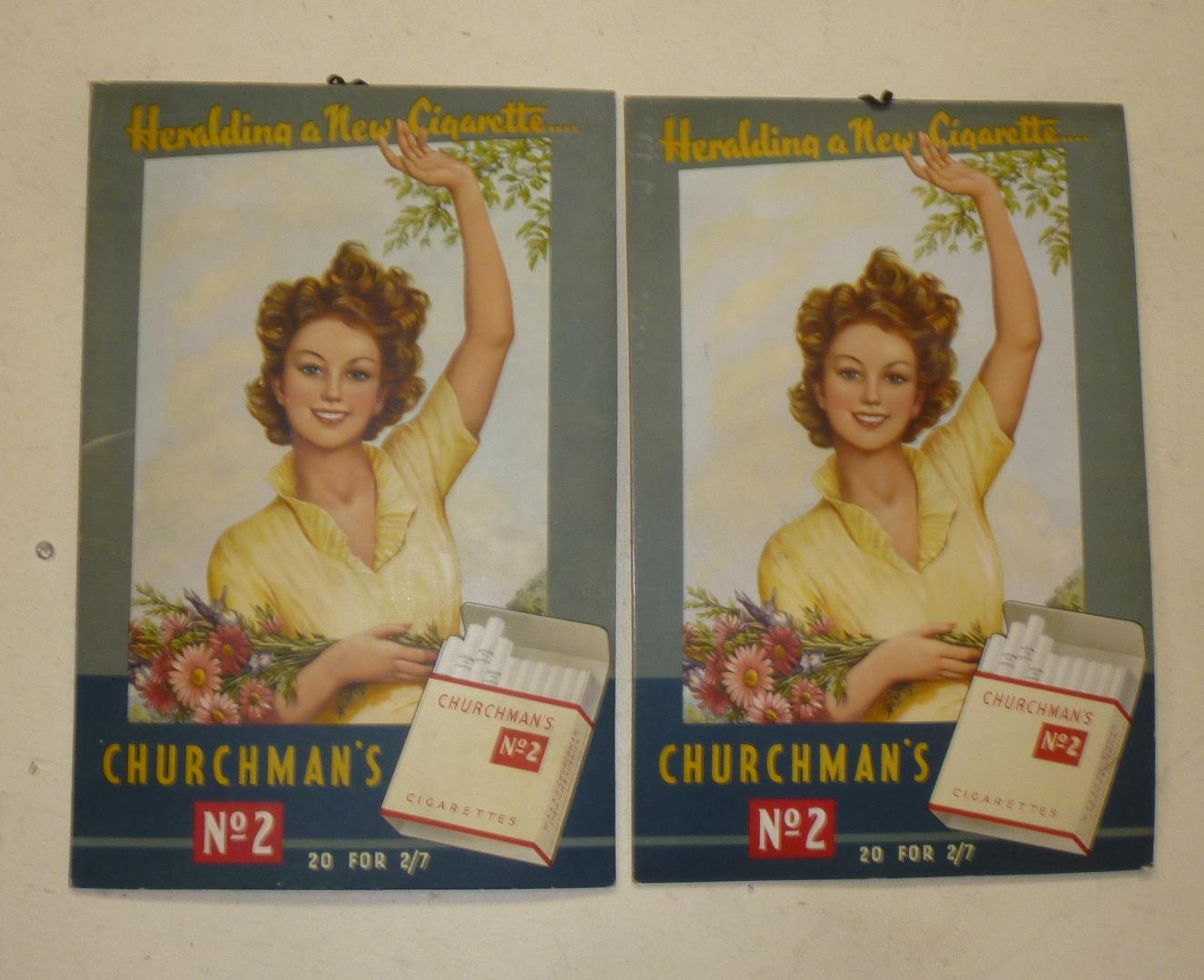 Two colour printed advert cards "Churchman's No.2 Cigarettes" with integral easel stands Image