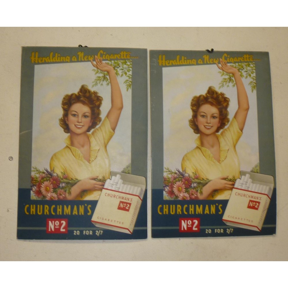 Two colour printed advert cards "Churchman's No.2 Cigarettes" with integral easel stands Image