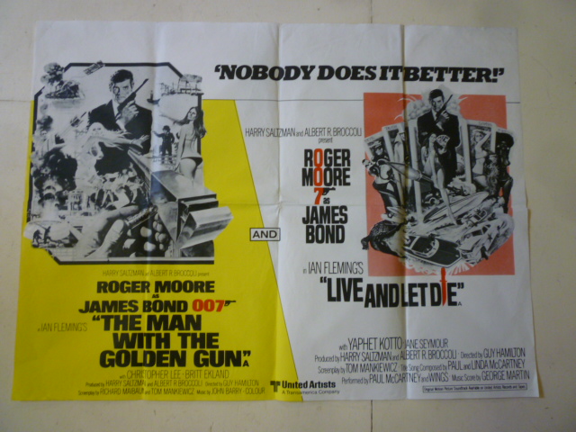 A cinema poster advertising two Bond films "The Man with the Golden Gun" and "Live and Let Die" with Image