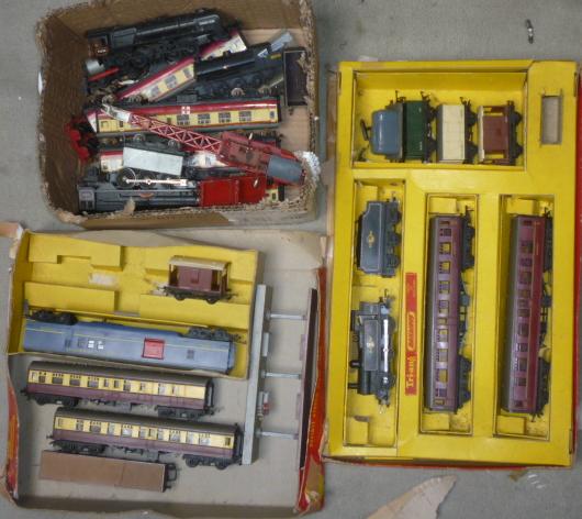 Playworn trains by Triang and Hornby including 0-6-0 tank locomotive Image