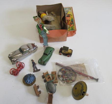 Playworn tinplate and other toys including clockwork saloon cars Image