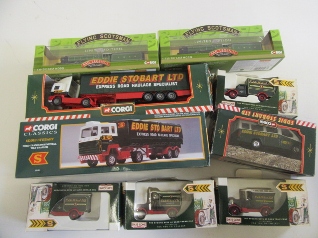 Seven Eddie Stobart truck models by Corgi and Lledo and two Corgi Flying Scotsman diecast models Image