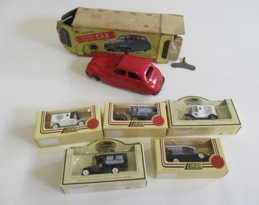 Five Lledo vintage cars and a Chad Valley remote control clockwork car Image