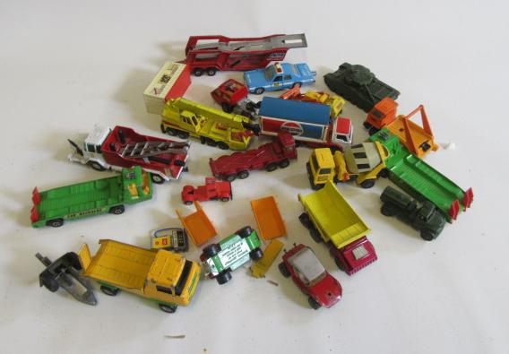 Playworn late issue diecast vehicles including trucks and cars Image