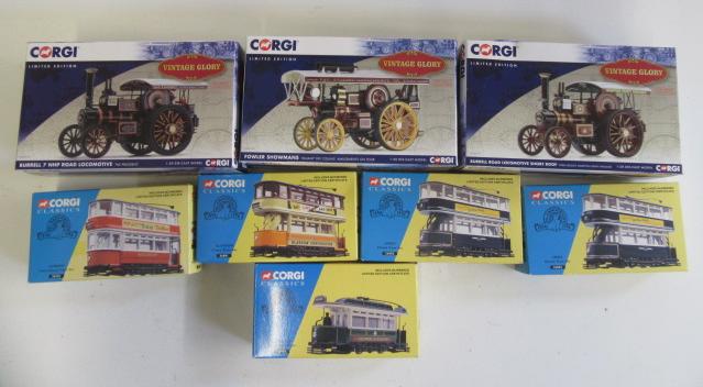 Corgi Vintage Glory Showmans engine and two Burrell road engines together with five Classics Tram Image