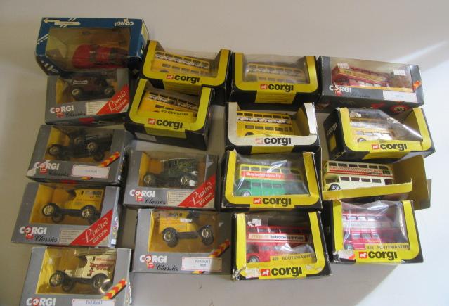 Seventeen Late Issue Corgi vehicles including vintage vans and Routemaster bus Image