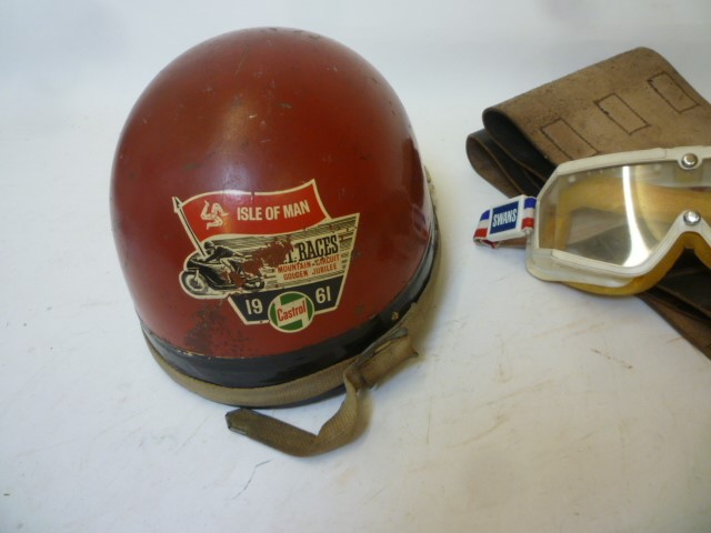 A Motorcyle helmet with label and transfer for the Isle of Man T.T. Races 1961 Image