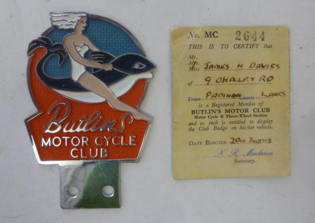 A Butlin's Motor Cycle Club vehicle badge in enamelled chromium plate (as new) Image