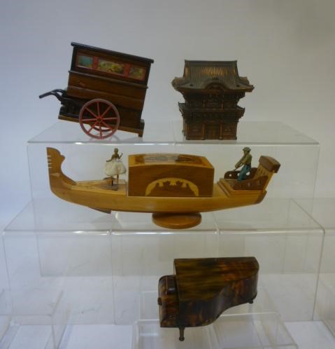 Four novelty musical cigarette boxes comprising a Gondola in satin birch with marquetry inlaid lid Image