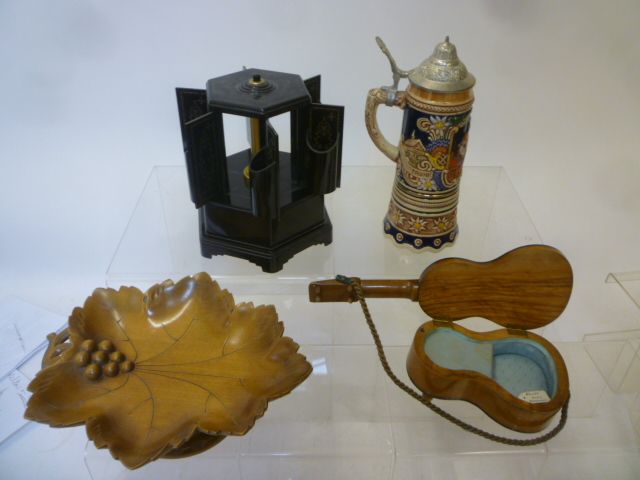 Four musical items comprising a guitar jewel box in painted wood Image