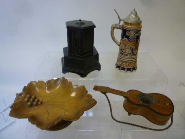 Four musical items comprising a guitar jewel box in painted wood Image