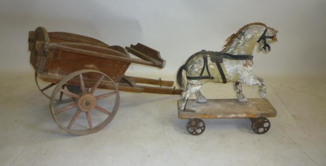 A Lines Bros pull-along horse and tipping cart Image