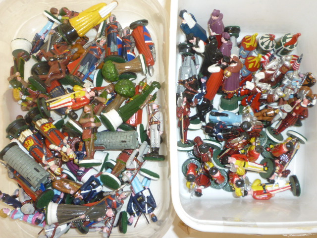 Three painted metal novelty chess sets depicting medieval and American civil war figures Image