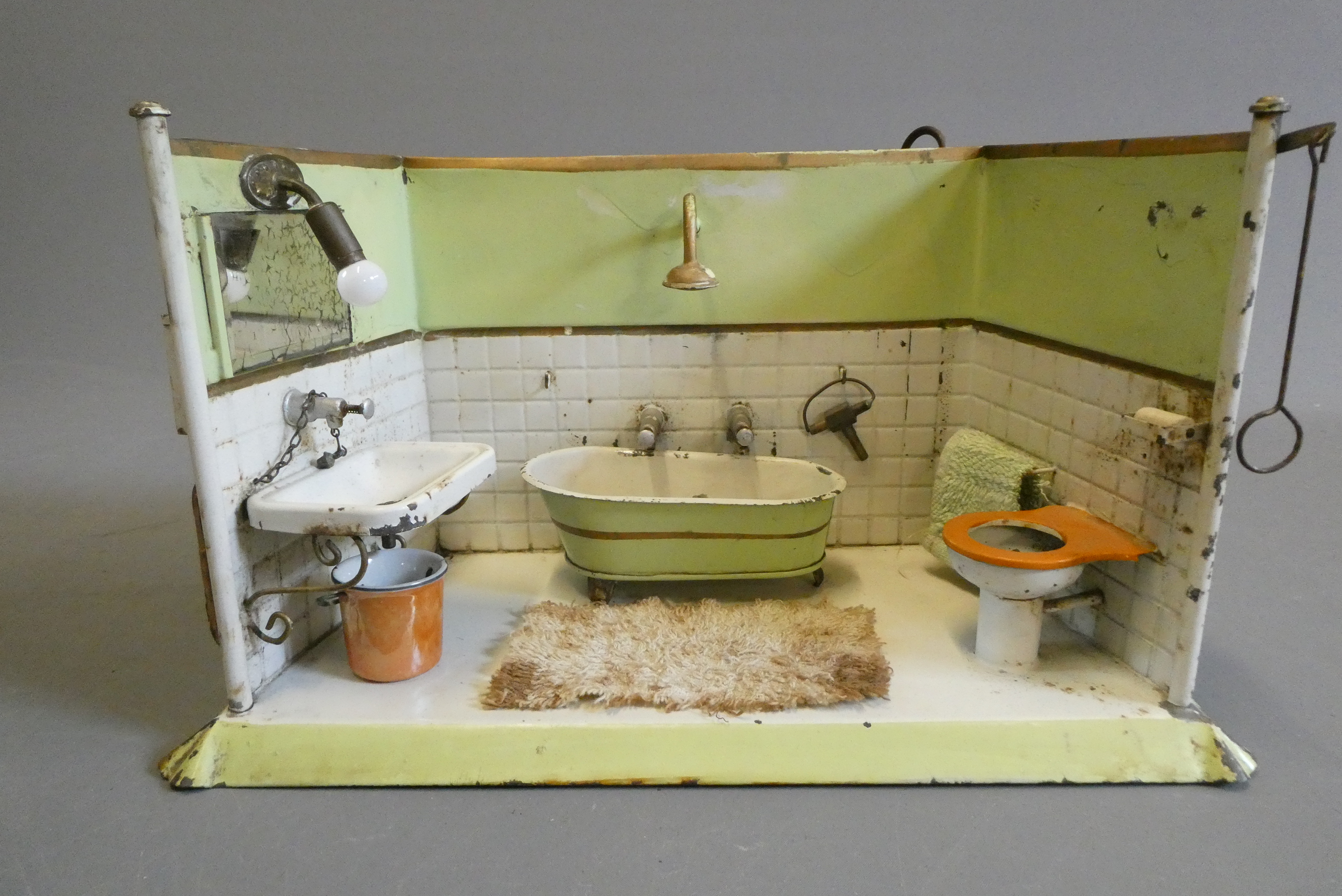 A tin doll's working bathroom/display, with fitted electronics and plumbed water system, 11" x 7" x Image