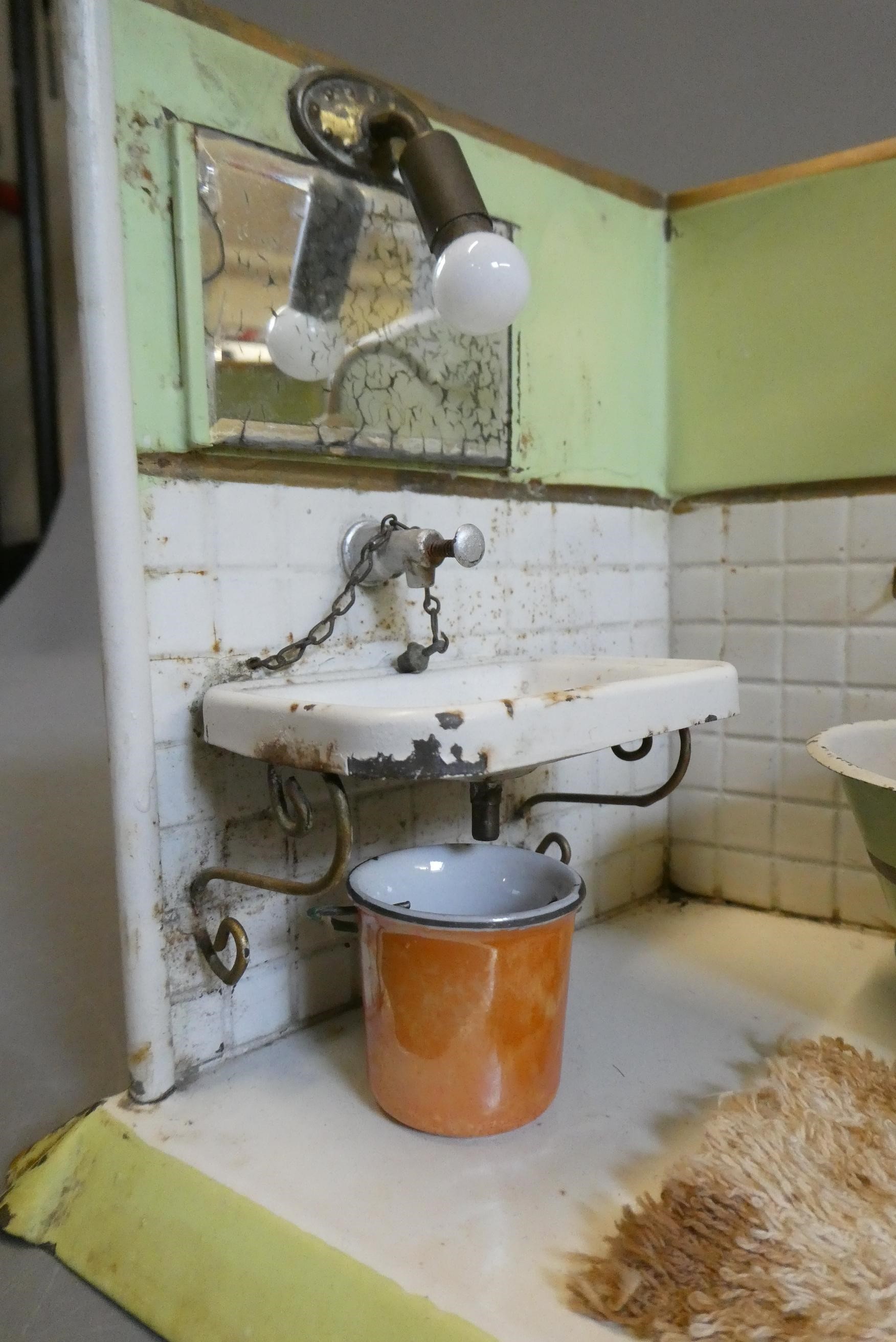 A tin doll's working bathroom/display, with fitted electronics and plumbed water system, 11" x 7" x Image