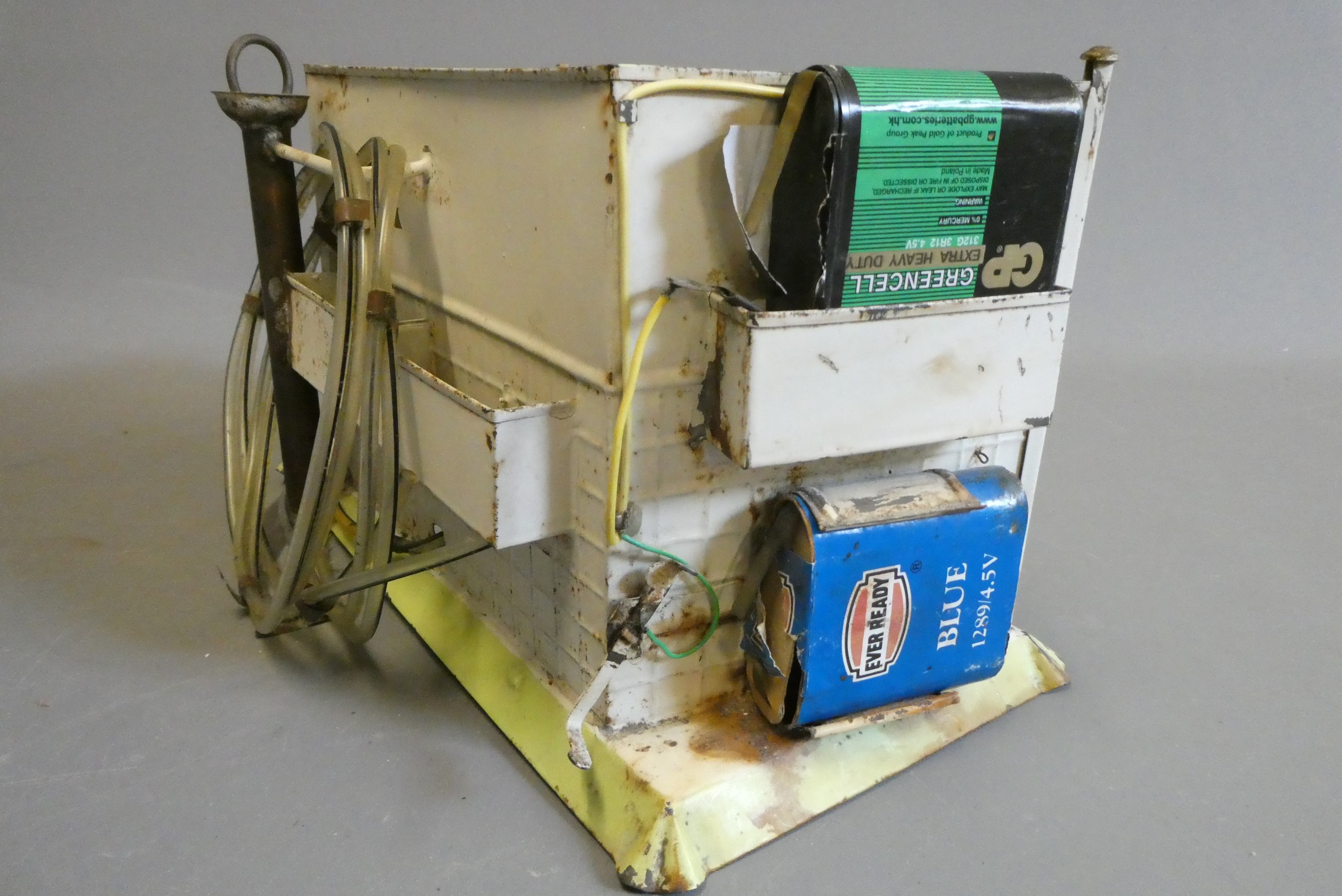 A tin doll's working bathroom/display, with fitted electronics and plumbed water system, 11" x 7" x Image
