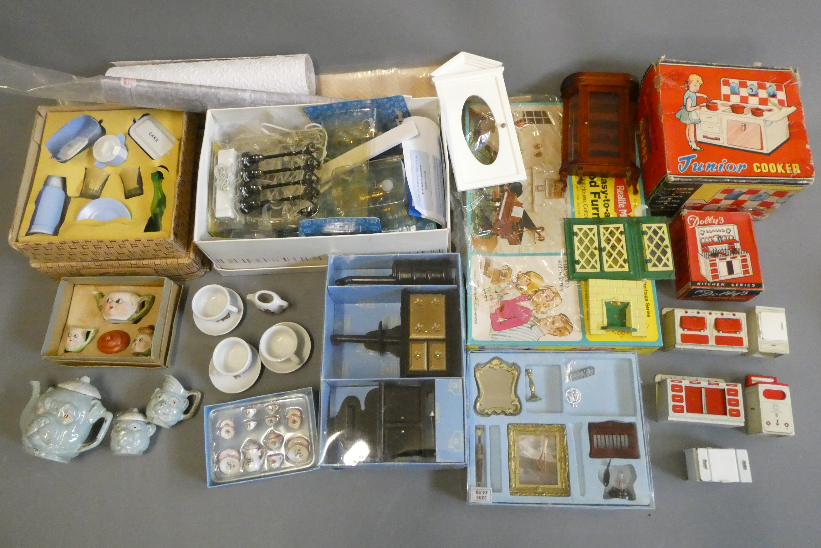 Doll's house furniture and accessories, including wood and metal fixtures, boxed light fittings, Image