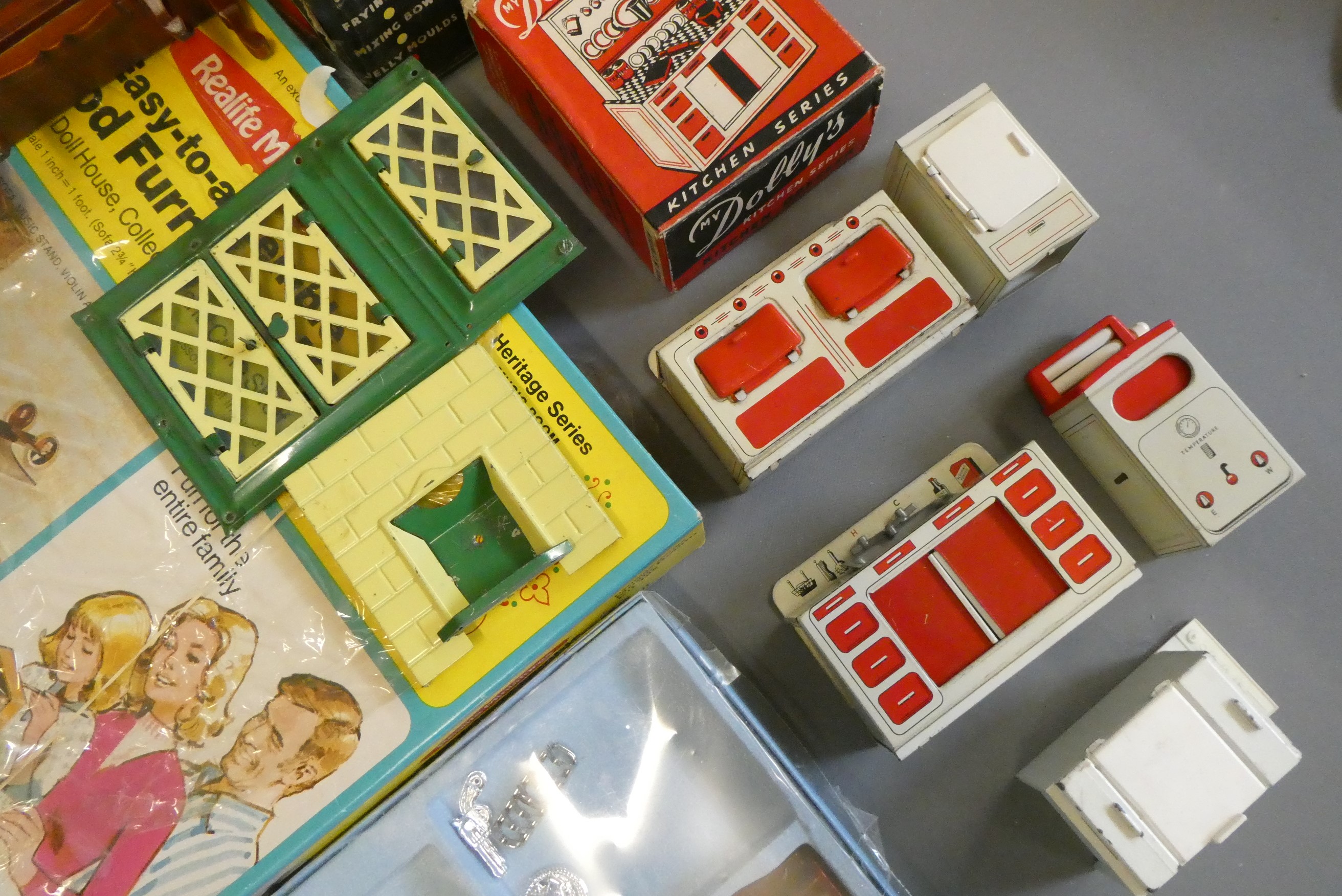 Doll's house furniture and accessories, including wood and metal fixtures, boxed light fittings, Image