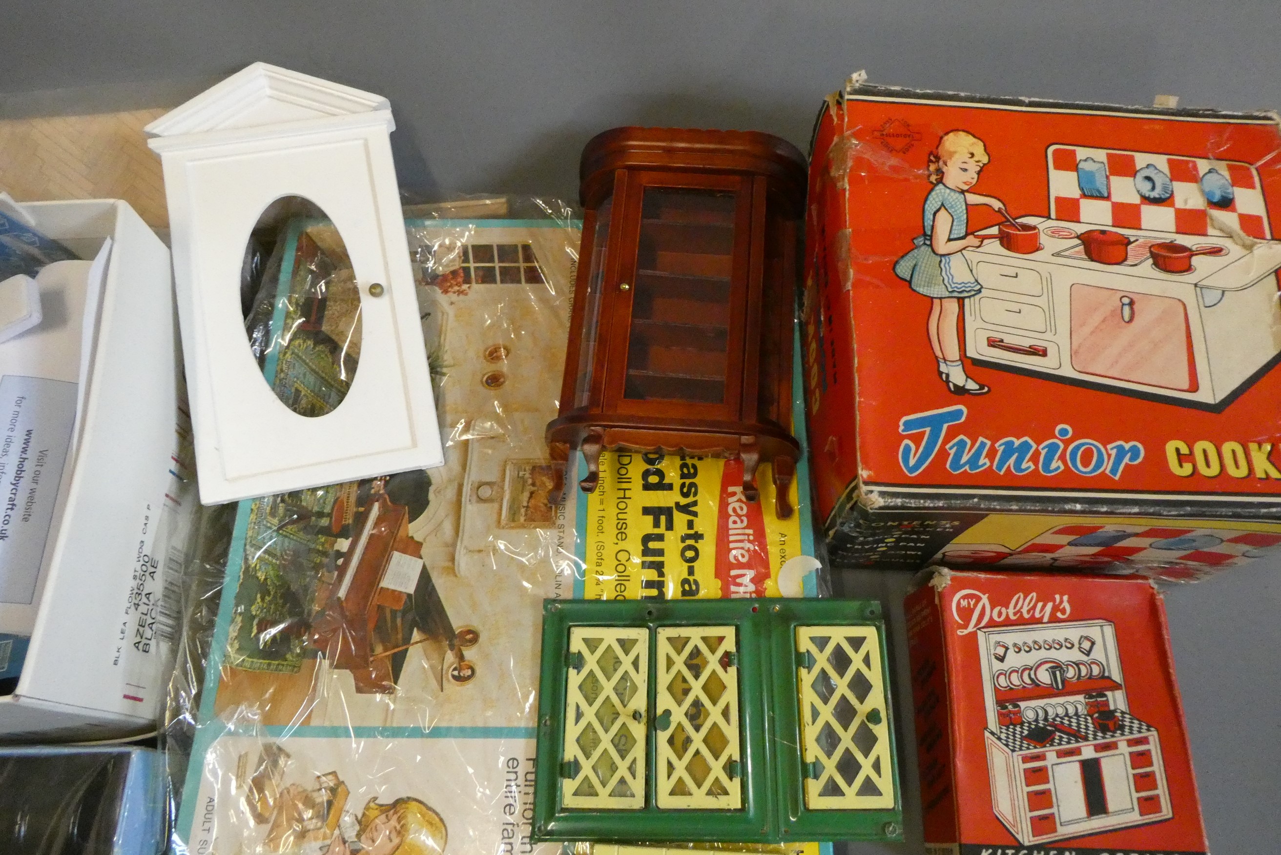 Doll's house furniture and accessories, including wood and metal fixtures, boxed light fittings, Image