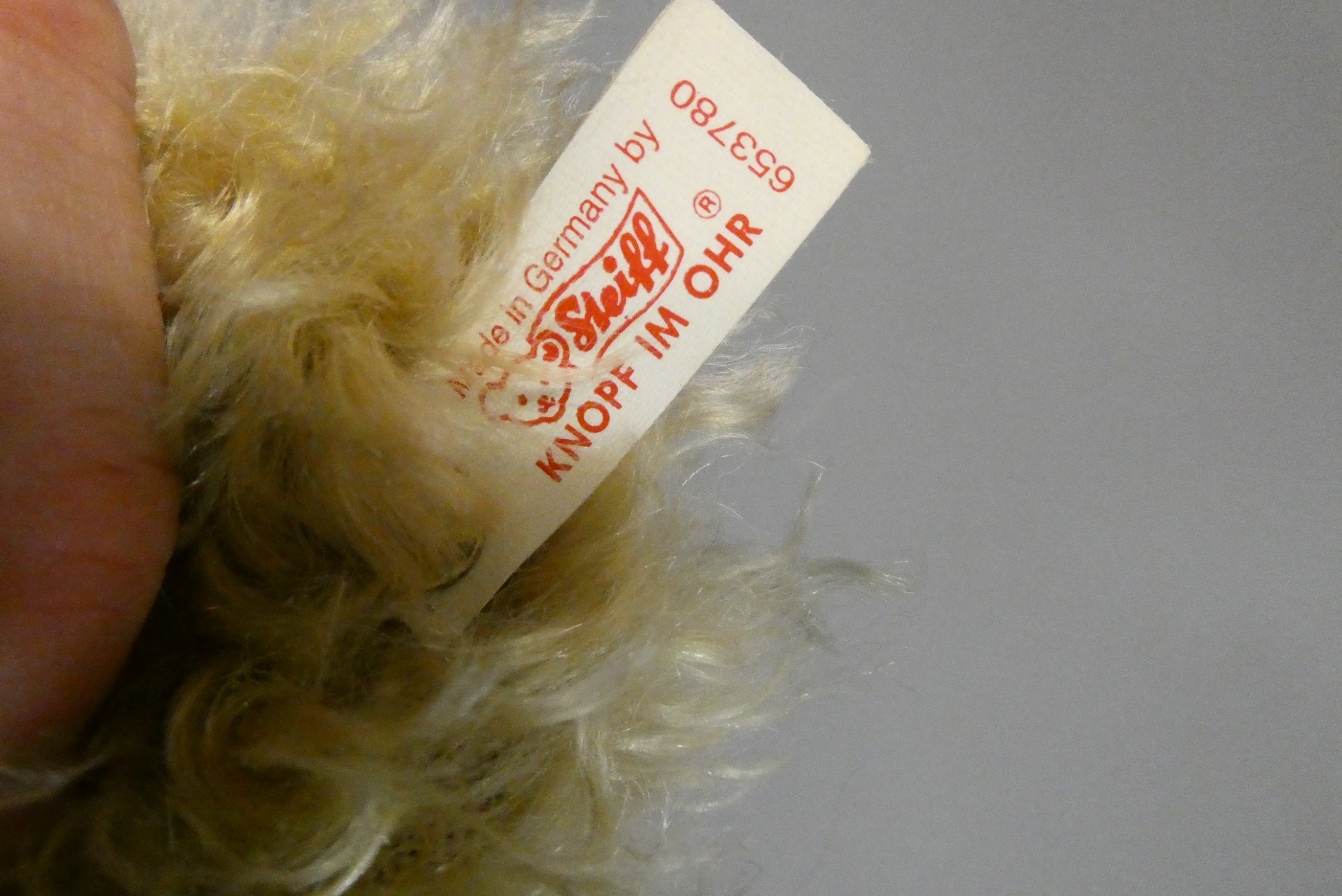 A large Steiff growling teddy bear, with long orange curly plush, sewn nose, all black eyes, felt Image