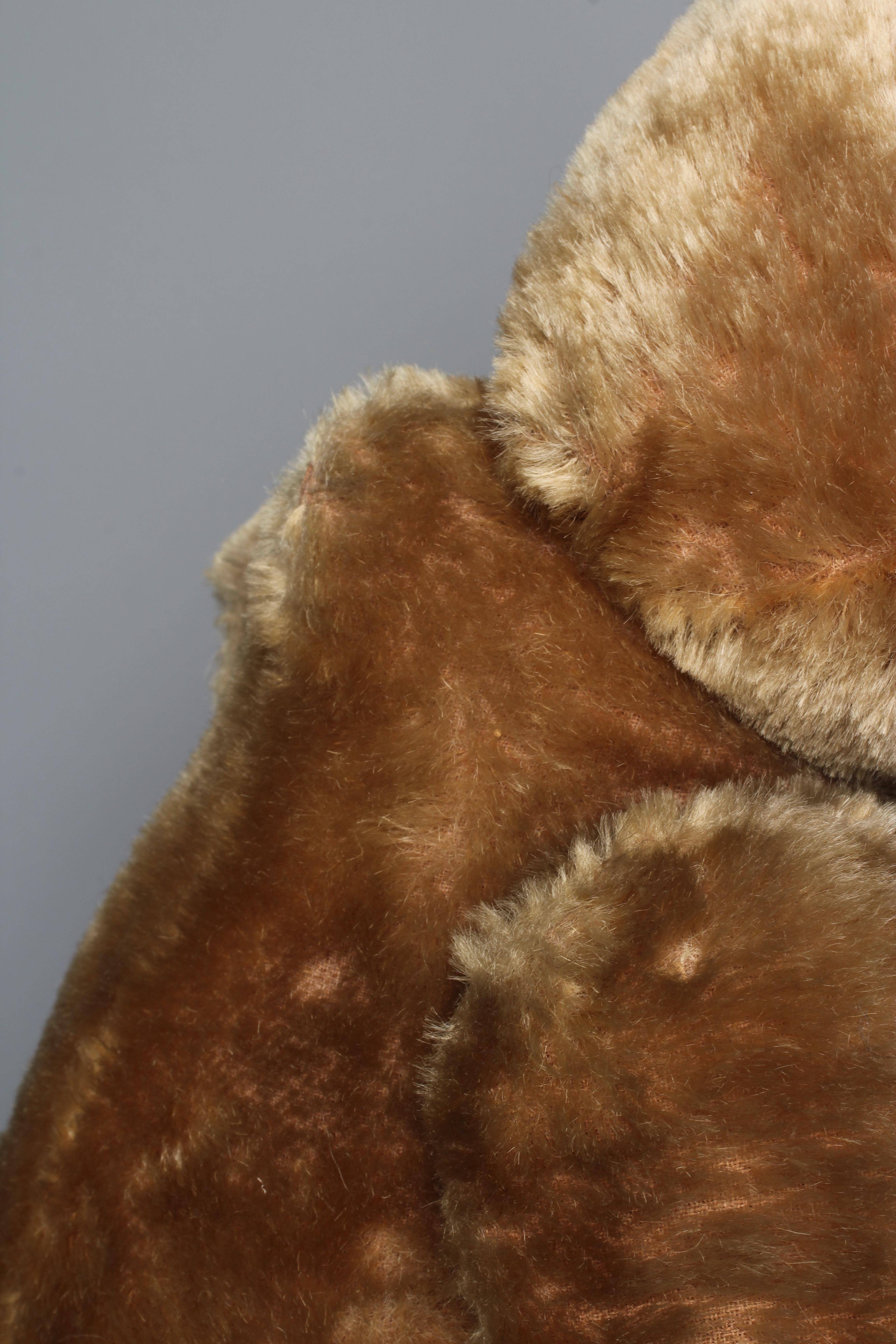 An early teddy bear, circa 1920, with shoe button eyes, sewn nose, long snout, back hump, Image