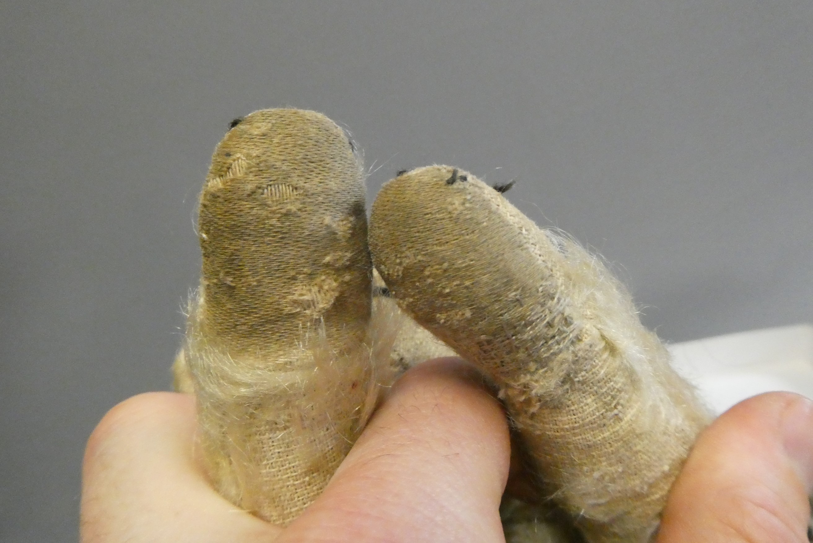 A Chad Valley cork filled teddy bear, circa 1920, with clear glass eyes, white plush, sewn nose and Image