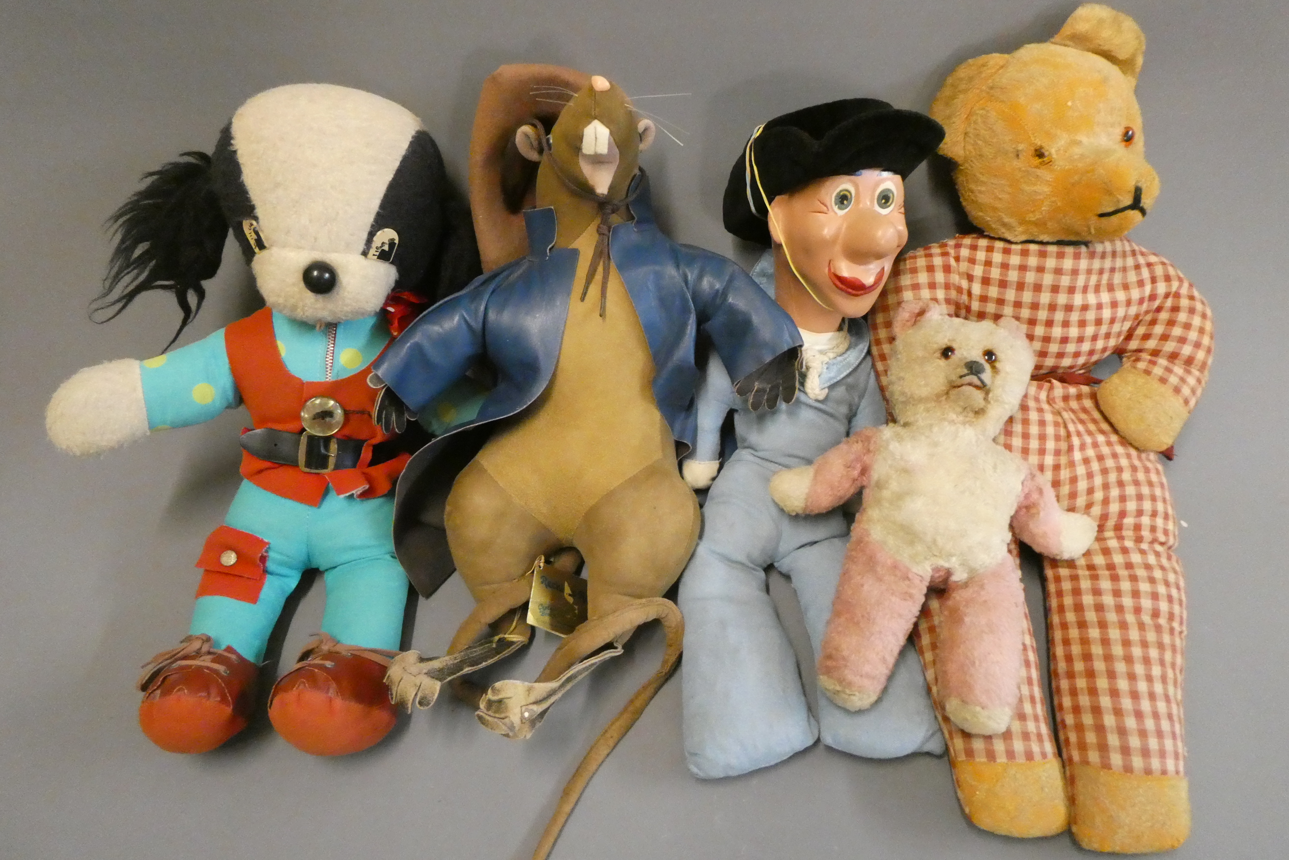 Five vintage soft toys, comprising a Gabrielle Designs reckless rat, a Pedigree spaniel, a character Image