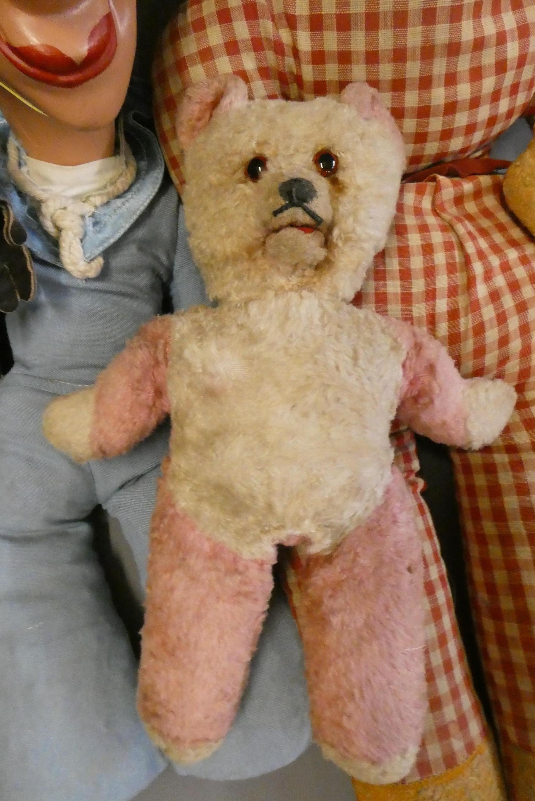 Five vintage soft toys, comprising a Gabrielle Designs reckless rat, a Pedigree spaniel, a character Image