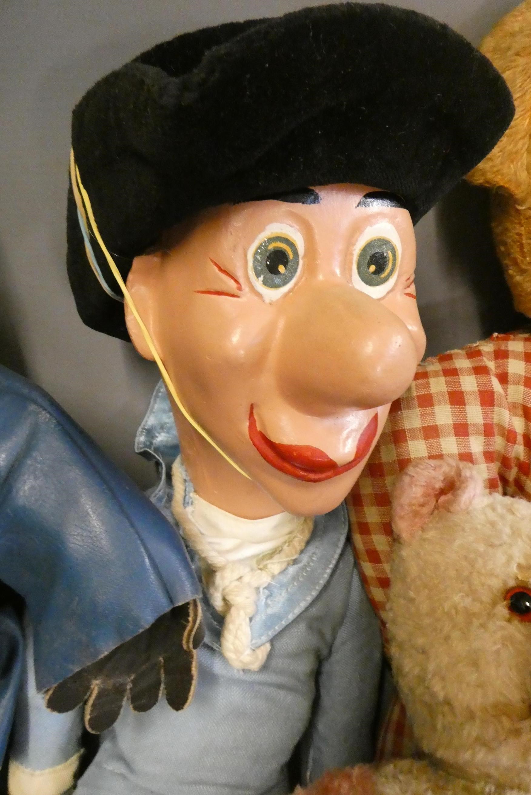 Five vintage soft toys, comprising a Gabrielle Designs reckless rat, a Pedigree spaniel, a character Image