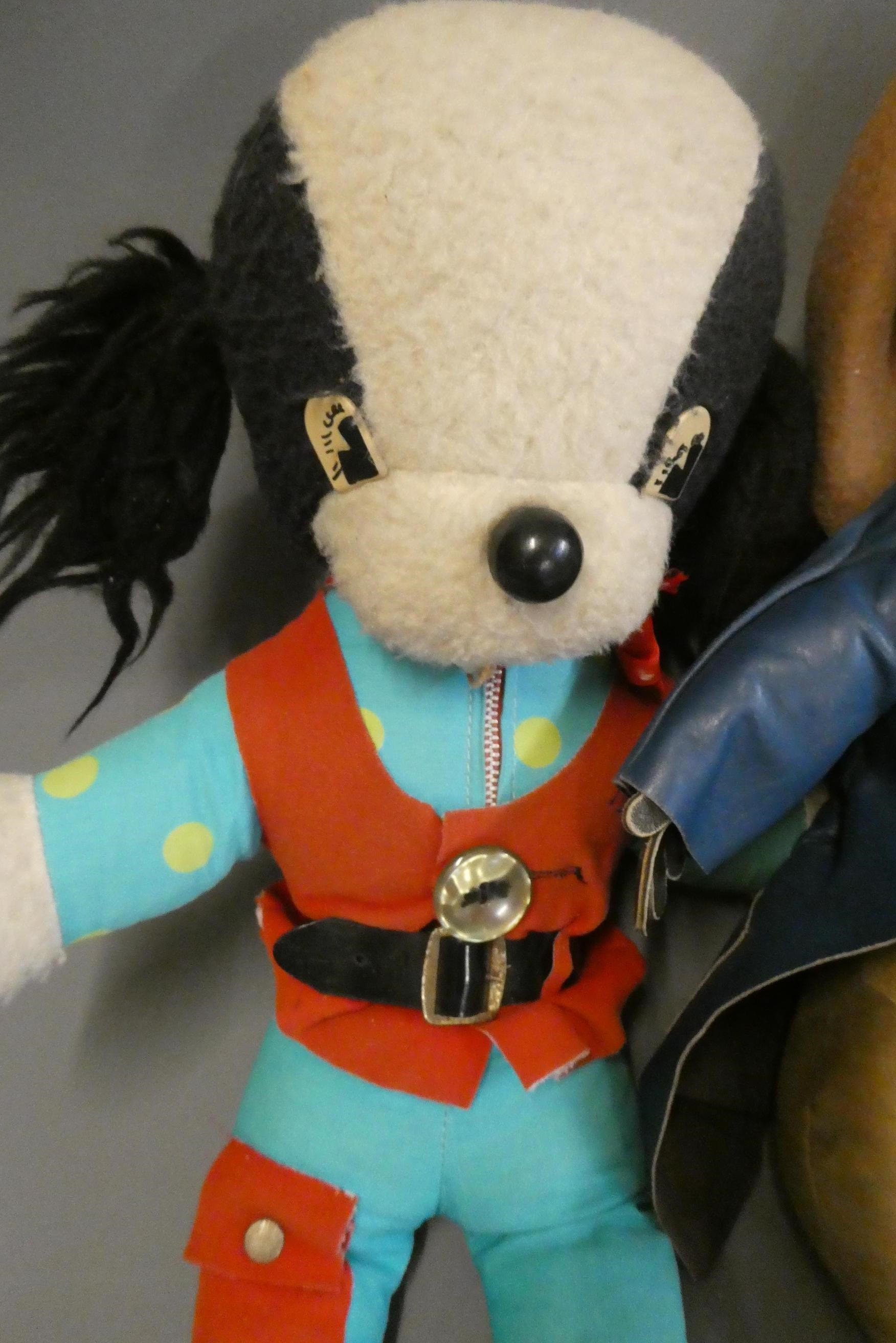 Five vintage soft toys, comprising a Gabrielle Designs reckless rat, a Pedigree spaniel, a character Image