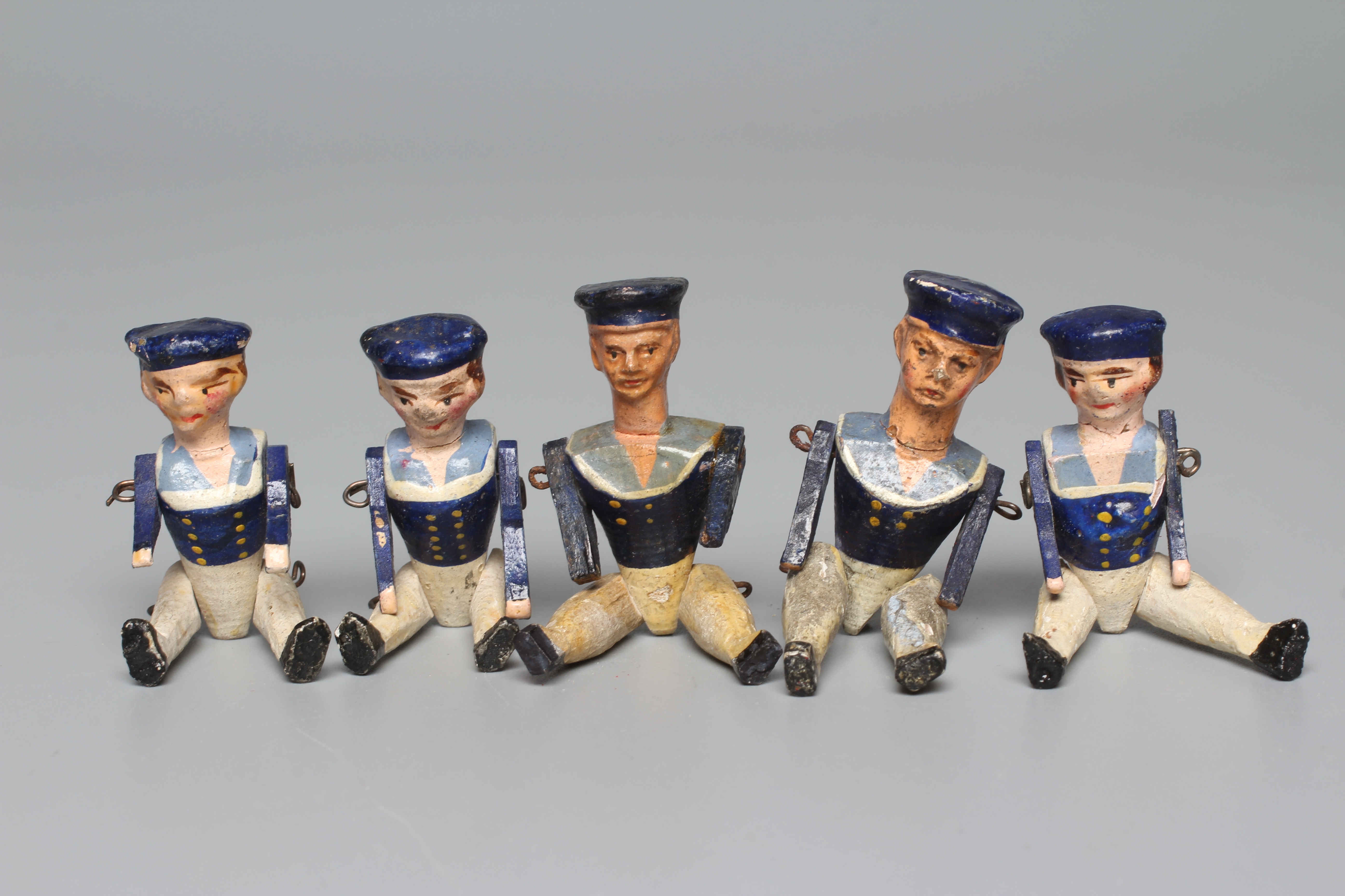 Five French Radiguet carved wood sailor figures, with painted features and jointed limbs, largest 2 Image