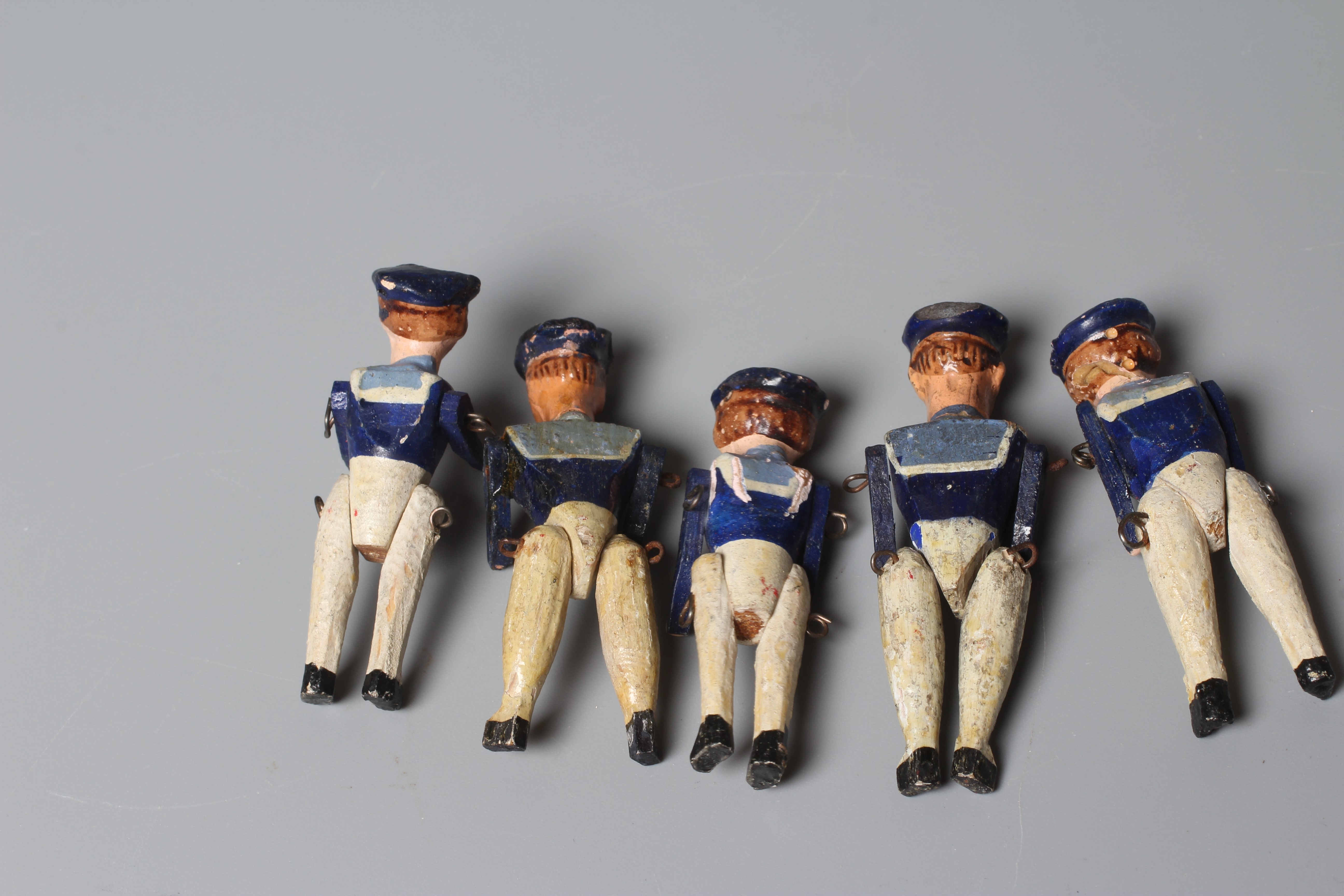 Five French Radiguet carved wood sailor figures, with painted features and jointed limbs, largest 2 Image
