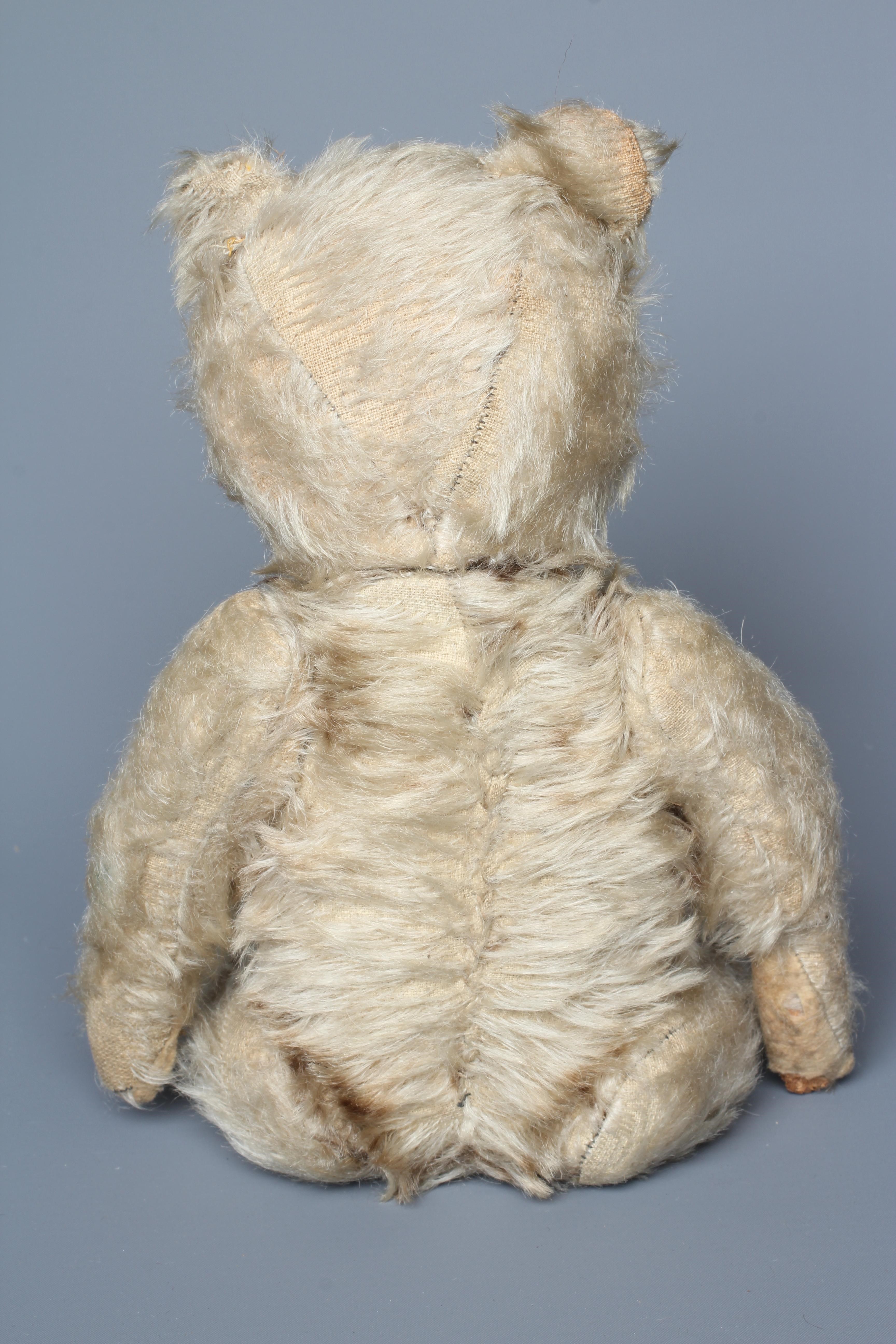 An antique straw filled teddy bear, with black shoe button eyes, sewn nose and light plush, 14" long Image