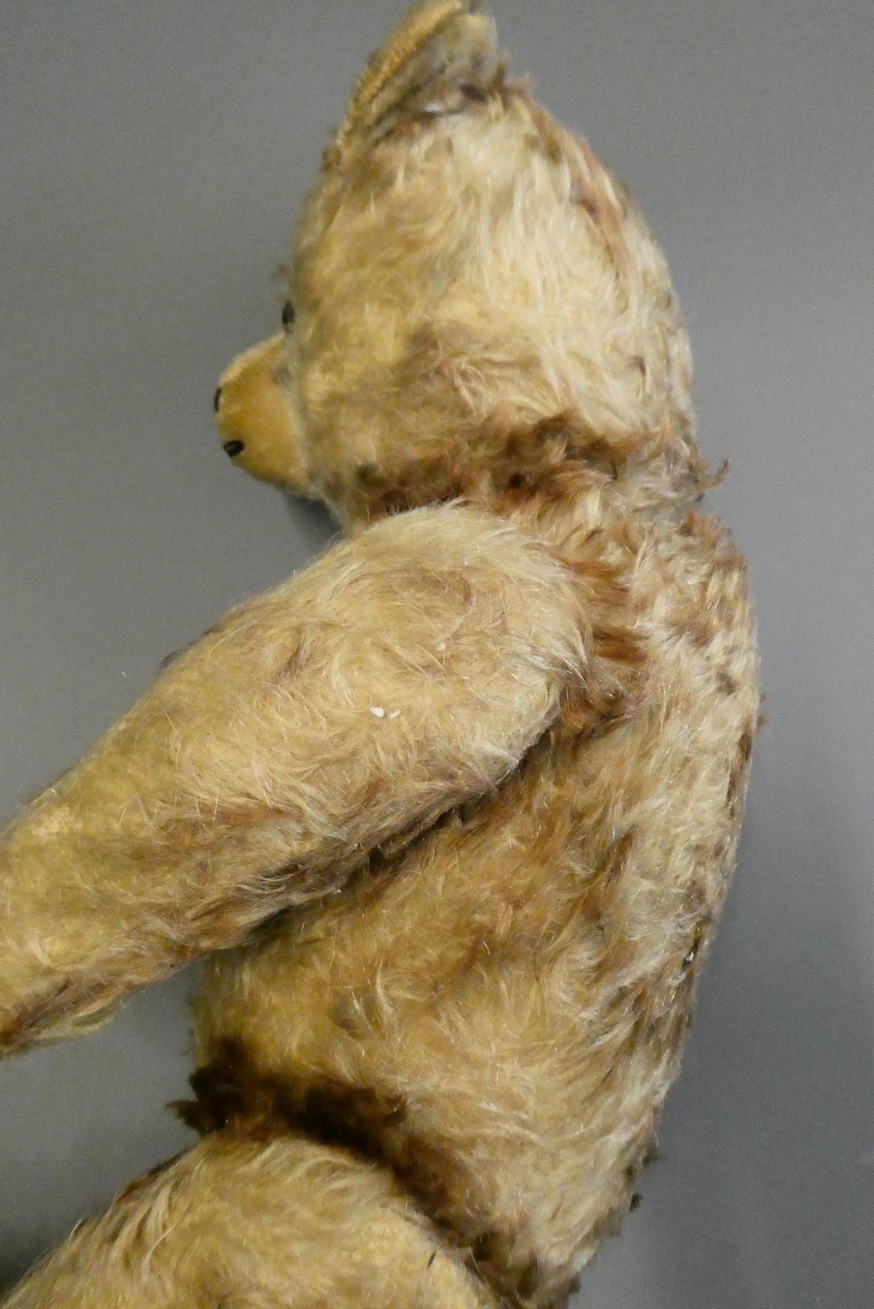 Vintage English centre seam teddy bear, with amber glass eyes, shaved muzzle, sewn nose, and later Image