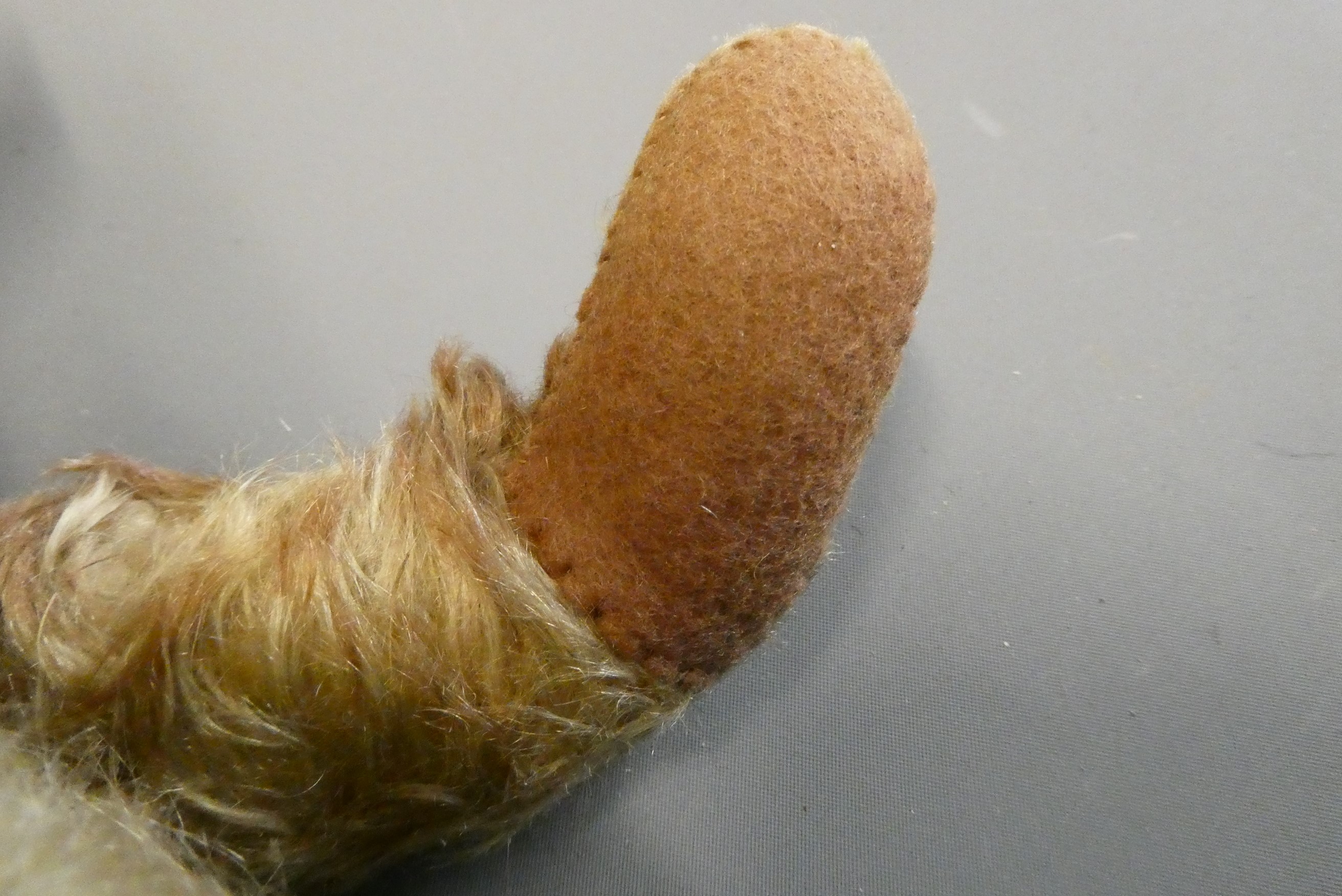 Vintage English centre seam teddy bear, with amber glass eyes, shaved muzzle, sewn nose, and later Image