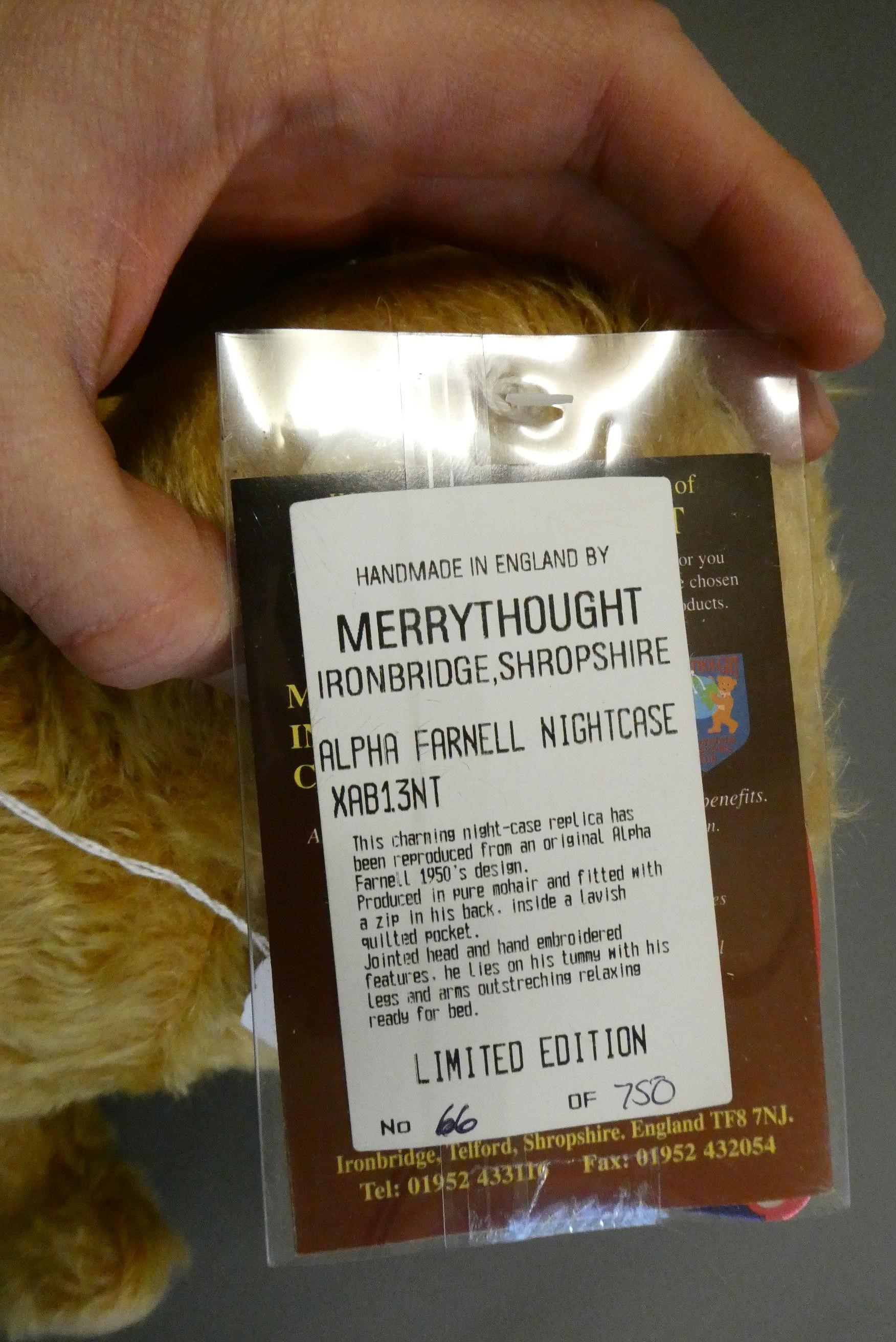 A Merrythought Alpha-Farnell teddy bear pyjama case, limited edition 66 of 750, with amber eyes, Image