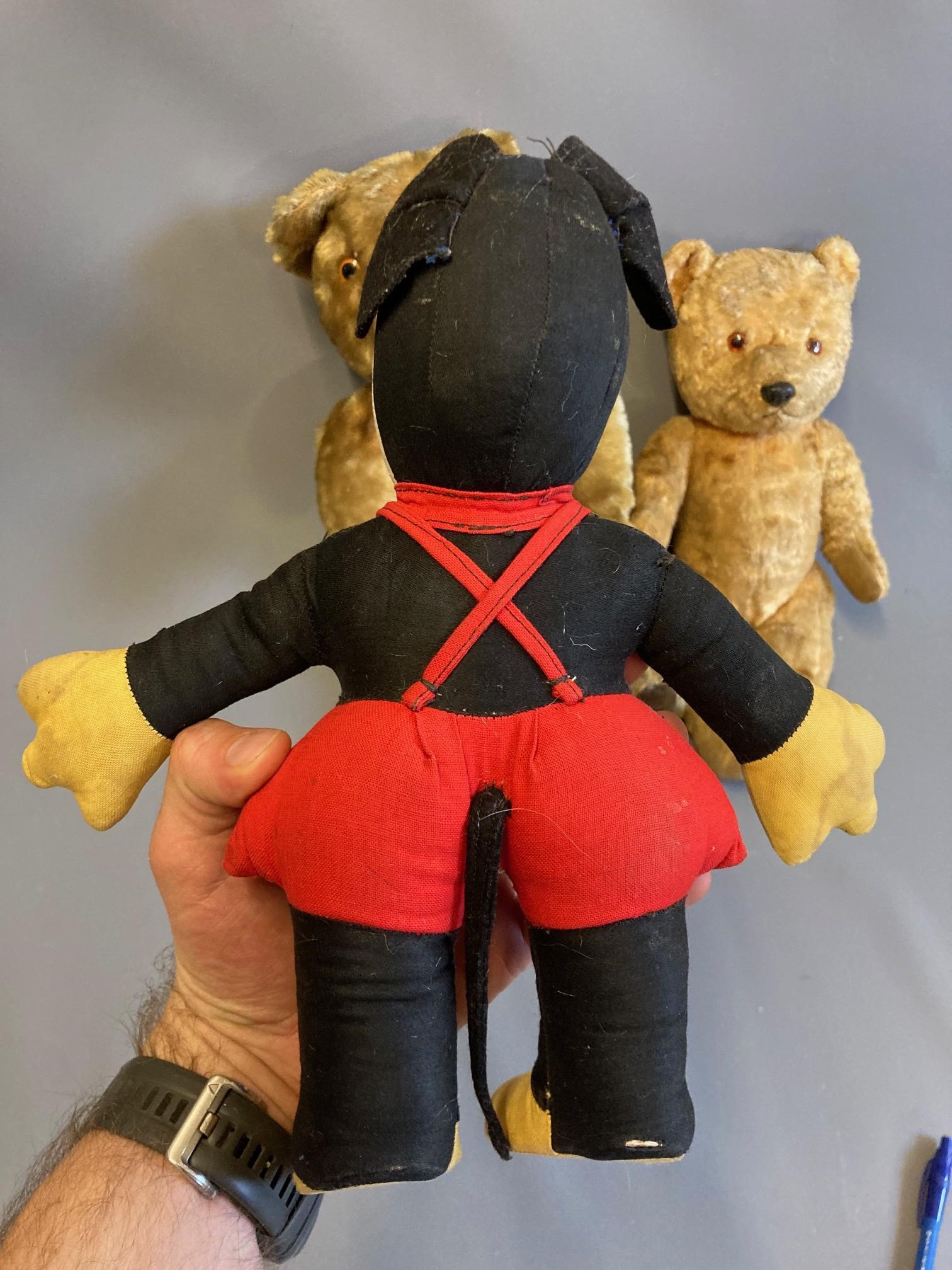 Three vintage soft toys, comprising two teddy bears with plastic noses and jointed bodies, together Image