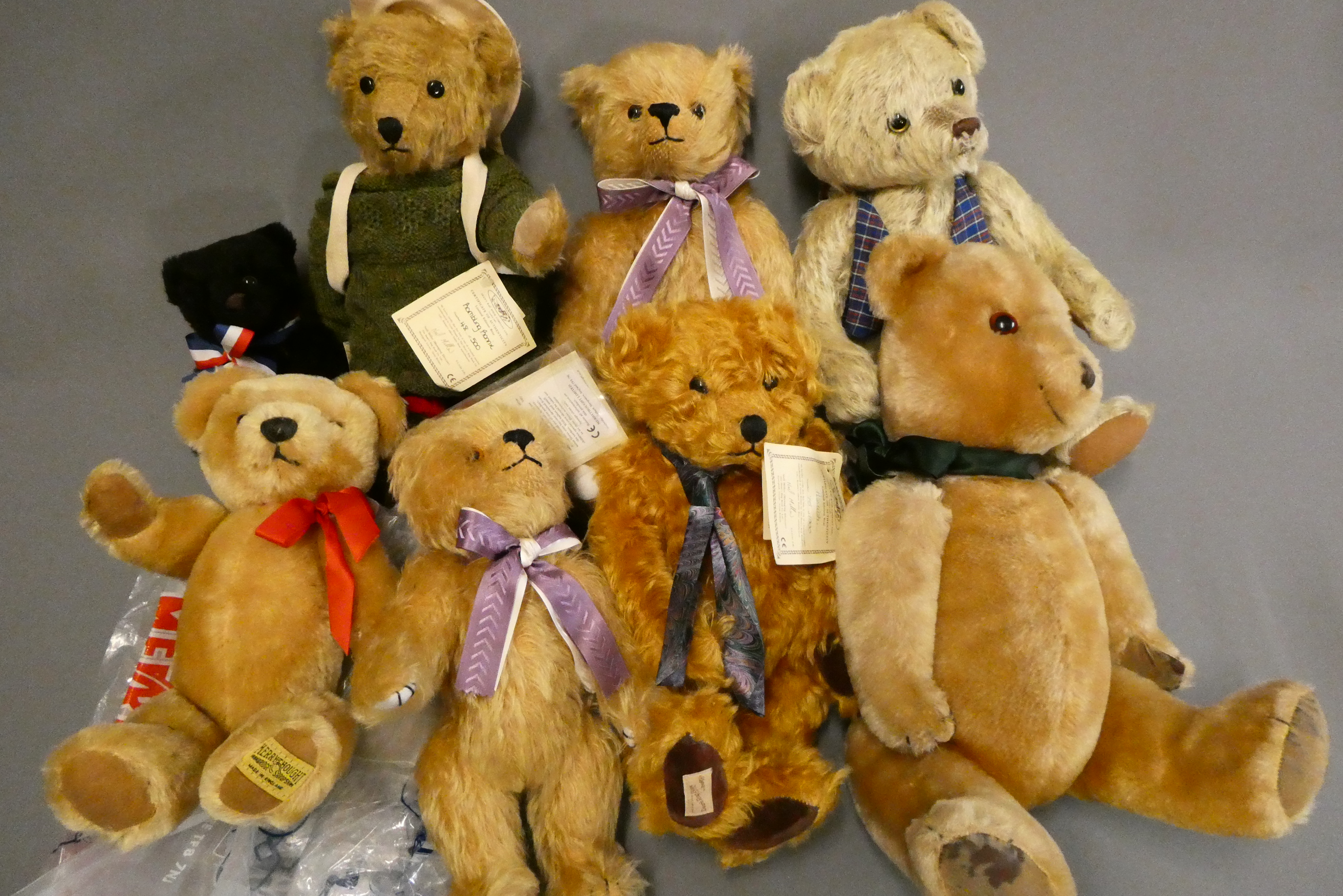 Eight collectors teddy bears, comprising five Merrythought bears including limited editions and one Image